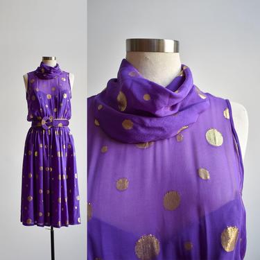 Vintage Purple &amp; Gold Polka Dot Cocktail Dress 