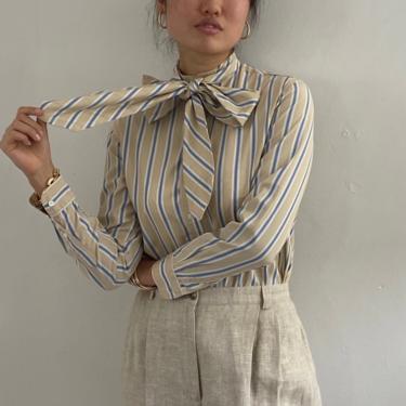 80s Calvin Klein cotton blouse / vintage cotton beige blue pinstripe cotton mandarin collar blouse with ascot pussy bow tie | S 