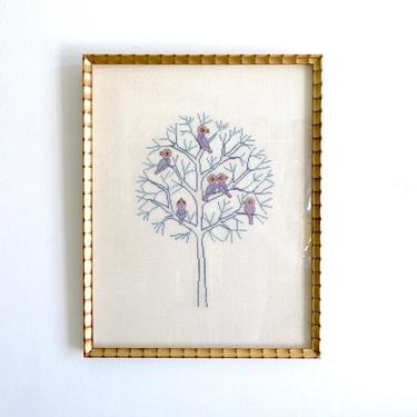 Large Cross-stitch Art - Modern Wood Framed Floral Embroidered Art - Purple Birds Needlework Fiber Art Painting - Boho Hand Stitched Art 