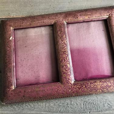19th C French Gilded Leather Frame, Double Photo, Original Glass, Label, Antique Photographs, Picture Table Display Stand 