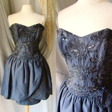 REDUCED PRICE Vintage Bustier Dress, Cocktail, 80s Does 50s, Full Peplum Over Pencil Skirt,  Party Dress Sweetheart 