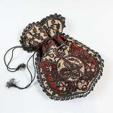 1900s Orange &amp; Beige Embroidered Evening Bag | 1900s Drawstring Bag 