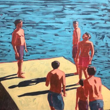 Men on Dock  |  Original Acrylic Painting on Found Wood 28.5" x 26.5" 