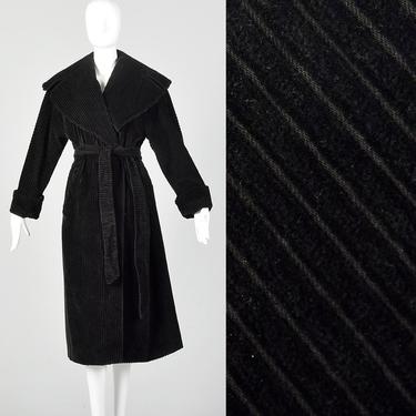 Medium Bill Blass Black Coat 1980s Corduroy Oversized Belted Clutch Winter Jacket 