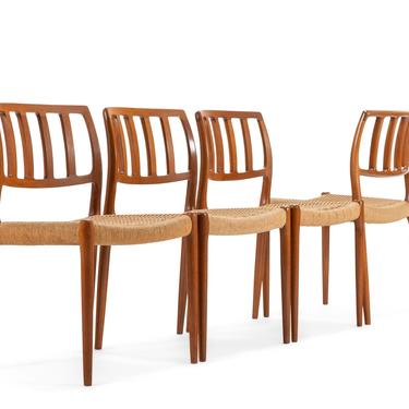 Set of Four (4) Model 83 Teak Dining Chairs Niels Otto Møller for J.L. Moller w/ Paper Cord Seats, Denmark 
