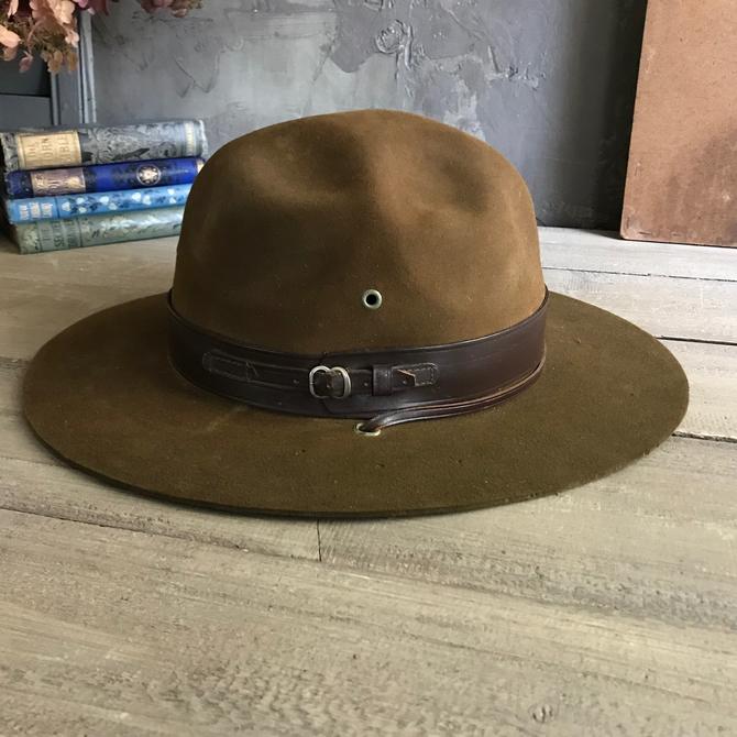 1960s Mens Scout Master Hat, Stetson, BSA Stamped Leather Band 