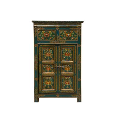 Distressed Teal Blue Green Tibetan Floral End Table Nightstand Cabinet cs6929E 