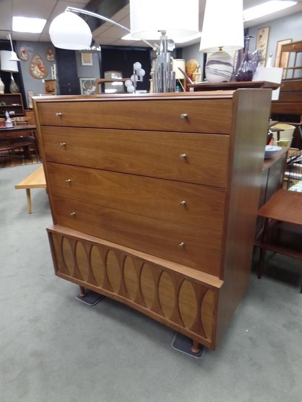 Large Mid-Century Modern highboy dresser with sculpted oval details