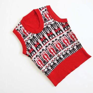 Vintage 60s Sweater Vest XS S  - Red Knit Vest - Patterned Vest - Novelty Print Animal Toy Print Vest 