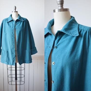 Vintage 1980s Flannel Chore Jacket | L | 1940s\1950s Style Teal Flannel Swing Jacket with Big Pockets 