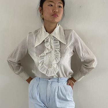 70s voile ascot blouse / vintage sheer cotton voile polkadot ruffled ascot long pointy collar frilly tuxedo blouse | S M 