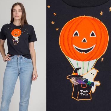 90s Halloween Jack-O-Lantern Hot Air Balloon Tee - Extra Small | Vintage Black Witch Graphic Holiday T Shirt 