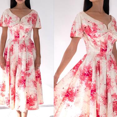 Vintage 50s Floral Cocktail Hostess Dress W/ Sequins | Pin Up | Fit and Flare, A-Line, Floral Dress, Sequined Dress, Swing 