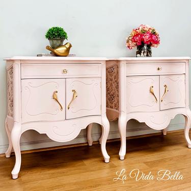 Dainty Pair of French Provincial Side Tables, End Tables, Nightstands, Pink, Vintage, Hand Painted. 