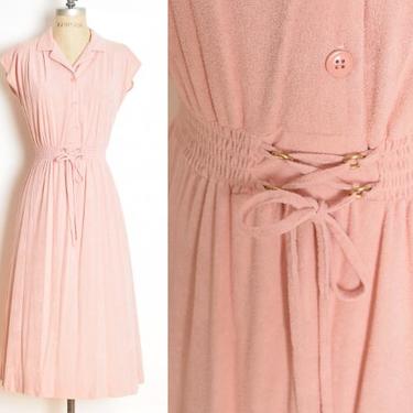 vintage 70s dress pink terry cloth corset lace up hippie shirtwaist midi S clothing 