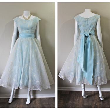 Vintage 1950s Harry Keiser Blue White Flocked Floral Tulle Layered Party Cupcake Prom Event Dress // US 0 2 4 xs 