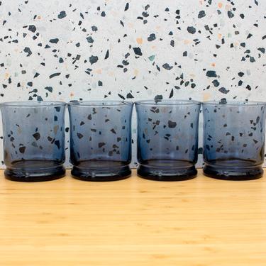 Vintage 1970s Blue Smoke Glass Drinking Glasses - Libbey Glass Short Tumbler Glasses - Set/4 