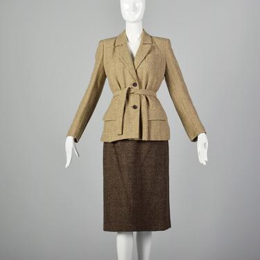 Small Jean Louis Scherrer Boutique Tan Skirt Suit 1990s Brown Alpaca Wool Tweed Skirt Blazer Jacket 