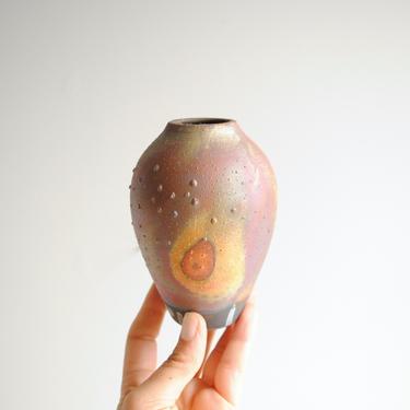 Vintage Raku Pottery Vase, Metallic Copper and Bronze Colored Ceramic Pottery Flower Vase, 4.5&amp;quot; Tall Handmade Pottery Vase 
