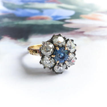 Antique Victorian Natural Blue Sapphire Old Mine Cut Diamond Halo Ring 18K Silver 