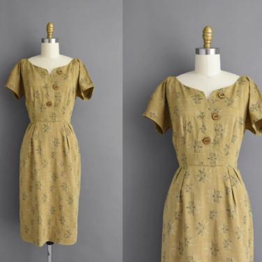 1950s vintage dress | Adorable Moss Green Cotton Print Short Sleeve Summer Day Dress | Small | 50s dress 