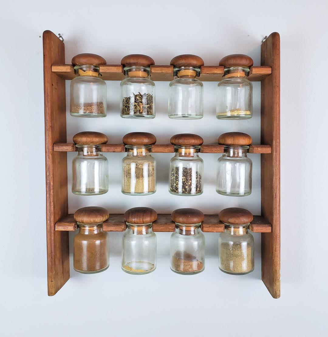 70s Wooden Spice Rack Cabinet 12 Glass Bottles