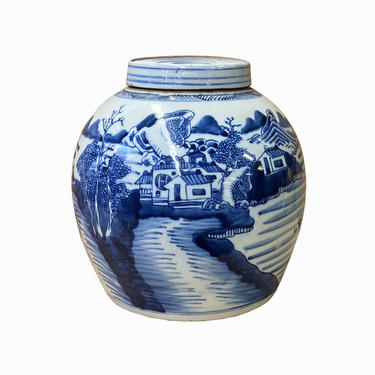 Chinese Blue &amp; White Scenery Graphic Porcelain Ginger Jar ws1235E 