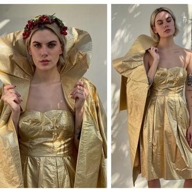 1960's Gold Dress and Jacket Set / Golden Party Dress / Cocktail Dress with High Stand Up Collar Swing Jacket / Holiday Party / Black Tie 