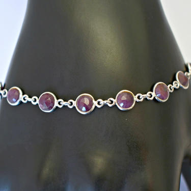 70's deep red topaz sterling hippie couture link ankle bracelet, unusual purple red roughly faceted round gems 925 silver dark bling anklet 