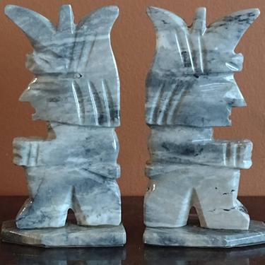 Vintage Mexico Hand Carved Gray Marble Stone Mayan Aztec Sculpture Bookends 7" 