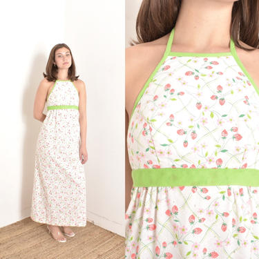 Vintage 1970s Dress / 70s Strawberry Print Maxi Dress / White Green ( XS extra small ) 