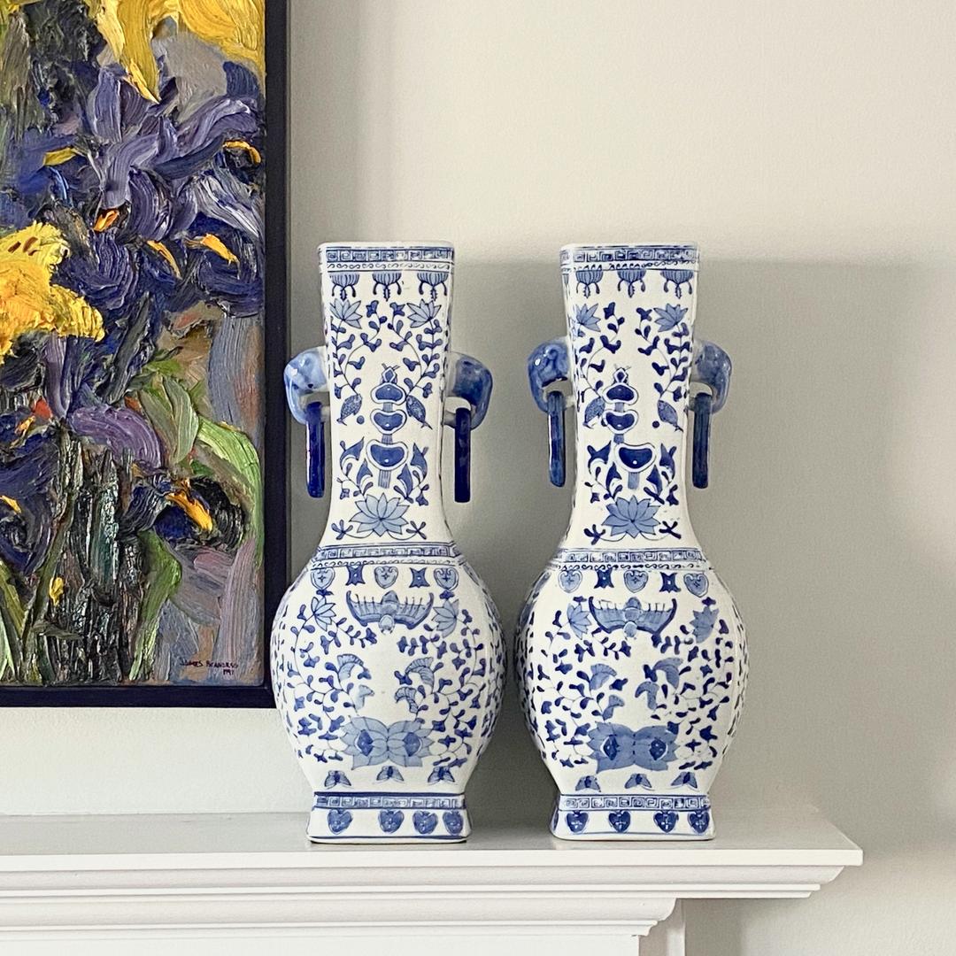 Large Chinoiserie Porcelain Vase Set Blue White Mantle Chinese