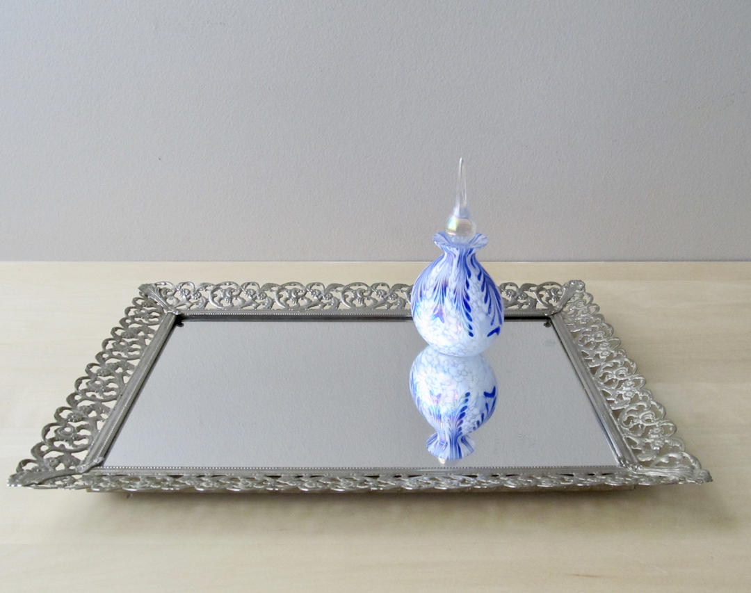 vintage silver vanity tray ornate mirror 10 x 14 silver Ione's