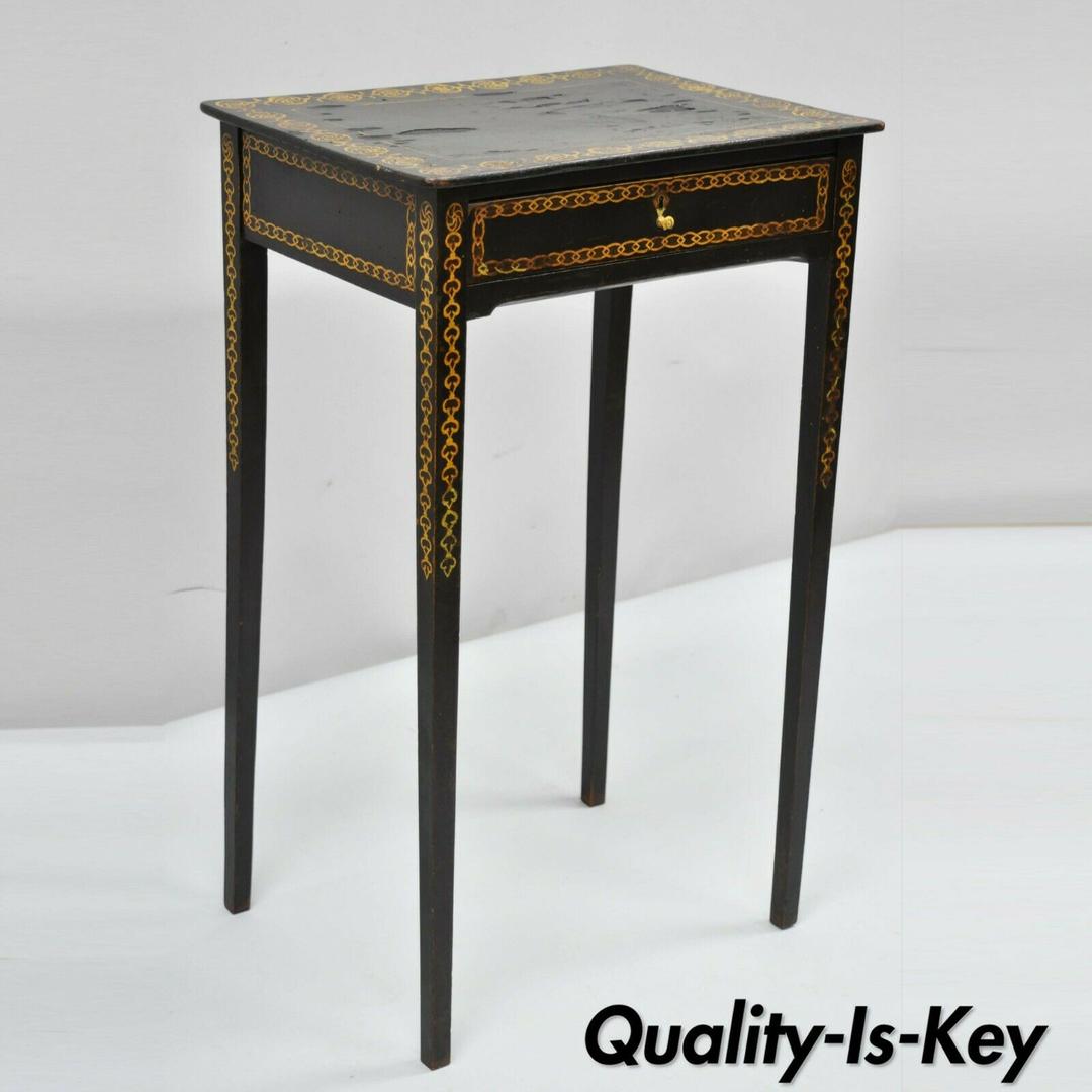 19th C. Black Lacquer Hand Painted English Victorian Side End Quality