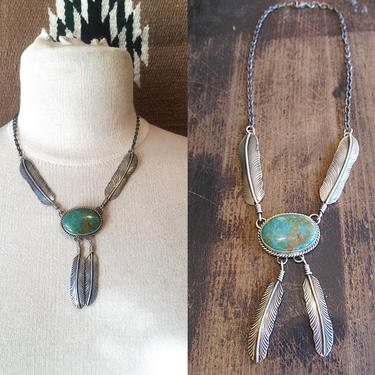 FEATHERED FREIND Jack Tom JT Silver &amp; Royston Turquoise Necklace, Native American Navajo Feather Pendant Design | Southwestern Boho Jewelry 