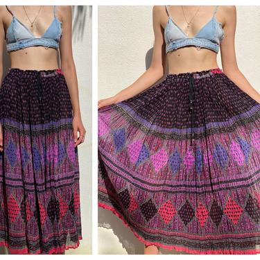 Vintage India Cotton Skirt / Crinkle Cotton India Skirt from the 1970's / Beaded Bells Drawstring 