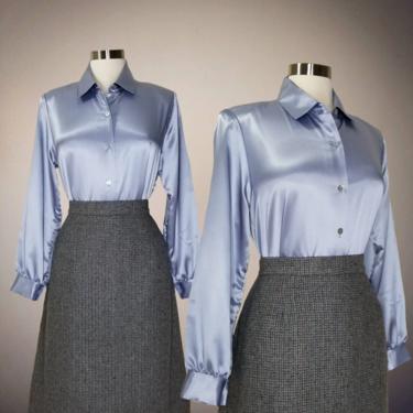 Vintage 80s Liquid Satin Blouse, Medium / Silky Blue Button Blouse / Shiny Cocktail Blouse / Classic Long Sleeve Button Up Dress Blouse 