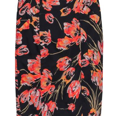 Karen Millen - Black &amp; Multicolor Floral Print Pencil Skirt w/ Pleated &amp; Tassel Trim Sz 8