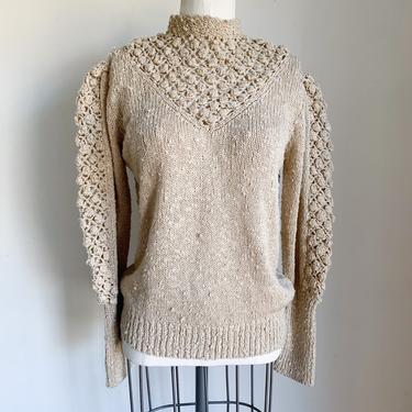 Vintage 1970s Oatmeal Pointelle Sweater / M 