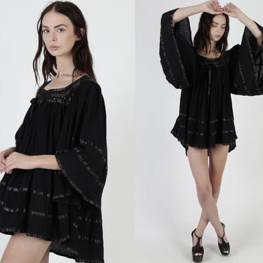 Black Cotton Gauze Micro Mini Dress / Vintage Mexican Crochet Kimono Sleeves / Sheer Angel Bell Sleeves / Womens Vacation Cover Up Dress 
