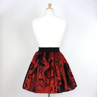 Red and Black  Pleated Steampunk  Inspired Skirt with Spiders, Skulls, Feather, Crows 