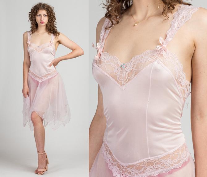 80s Sheer Pink Satin & Lace Lingerie Coverup - Large, Vintage, Flying  Apple Vintage