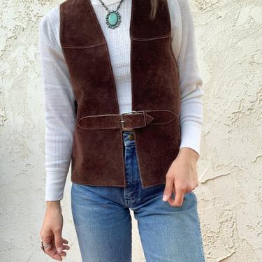Vintage 70's Suede Leather Dark Brown Buckles Fleece Vest 