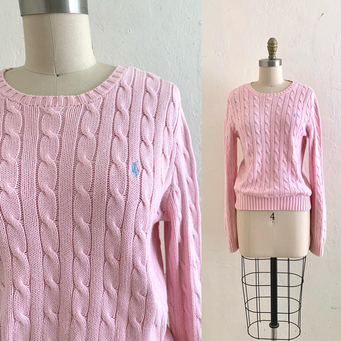 Vintage 80s 2024 100% wool mock neck cable knit sweater Hot pink S