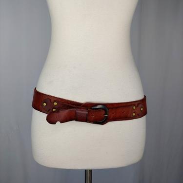 Vintage Seventies Brown Leather Buckle Belt - 70s Boho 1.5&quot; Leather Waist Belt - Medium 