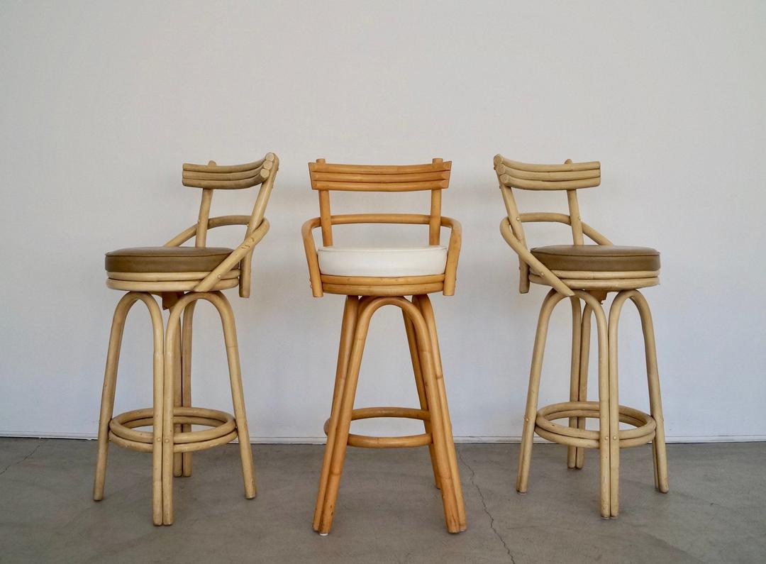 Set of Three Midcentury Modern Tiki Bar Stools in Rattan & Cyclic