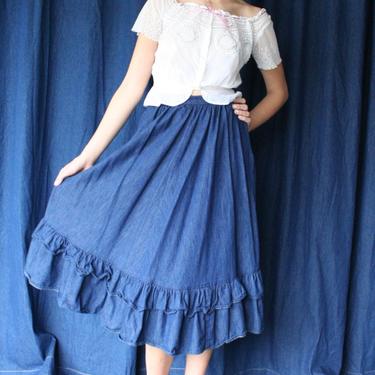 Denim Midi Skirt / Ruffled Long Jean Skirt / 1970's Jean Skirt / Haute Hippie / 1970s Skirt / Bohemian Summers / Dark Wash Denim Skirt 