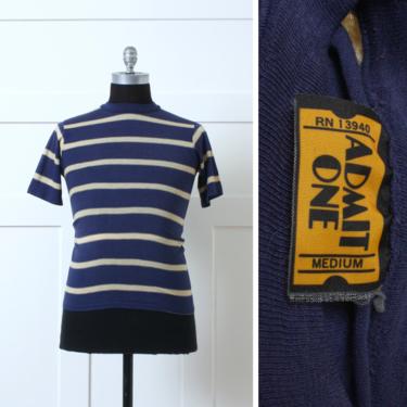 vintage 1970s striped tee • unisex navy blue stripe tshirt • short sleeve knit tee 
