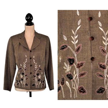 Brown Herringbone Embroidered Blazer Women Large, Leaf Applique Embellished Jacket, Boho Fall Clothes, Vintage Clothing Dressbarn Size 12 