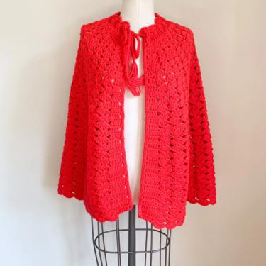 Vintage 1970s Red Knit Poncho / fit on most 